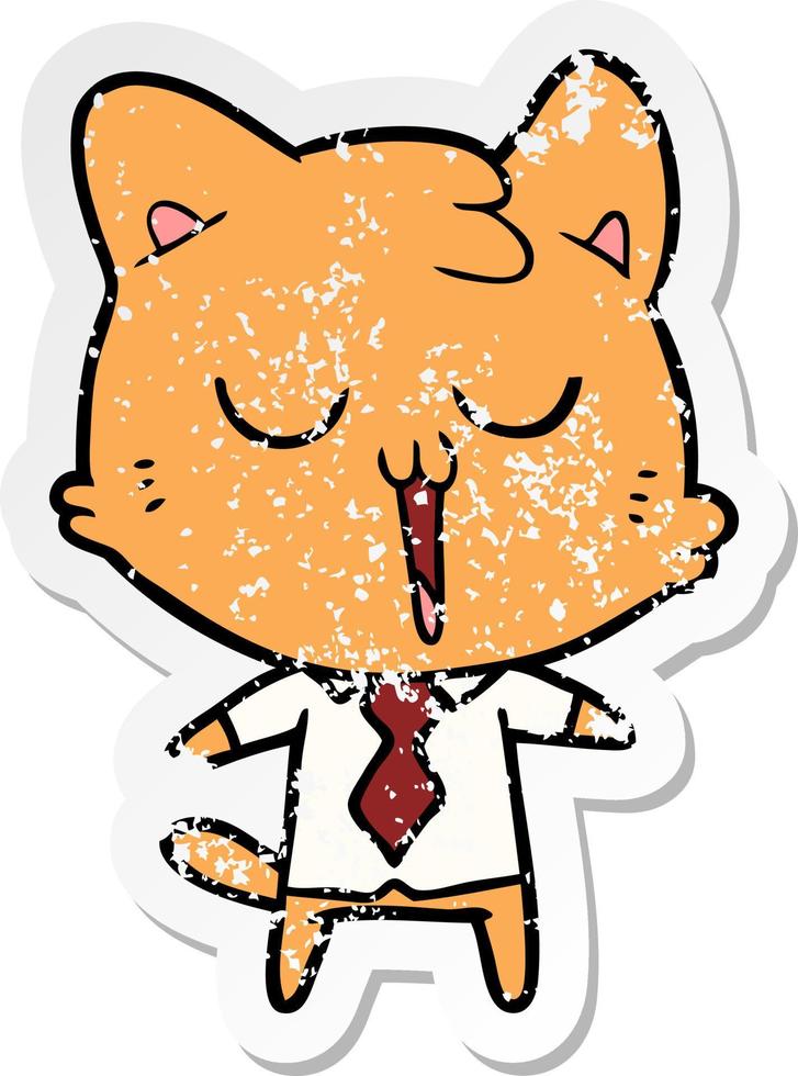 distressed sticker of a cartoon cat in shirt and tie vector