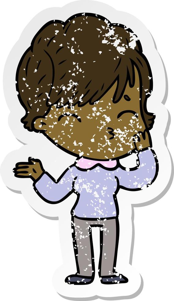 distressed sticker of a cartoon woman thinking vector