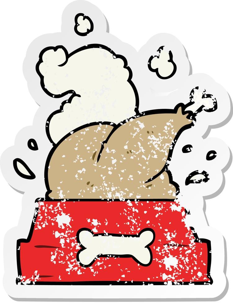 distressed sticker of a cartoon dog bowl with chicken vector