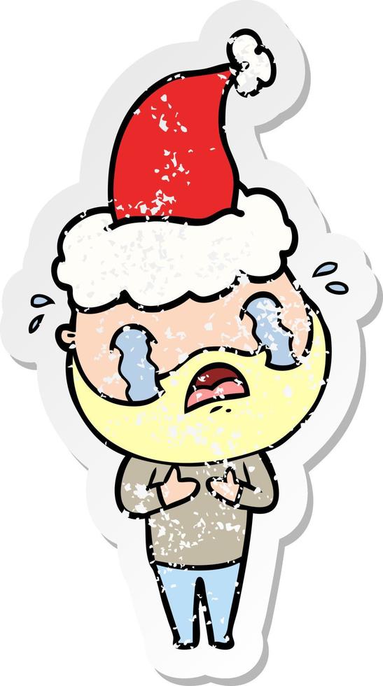 distressed sticker cartoon of a bearded man crying wearing santa hat vector