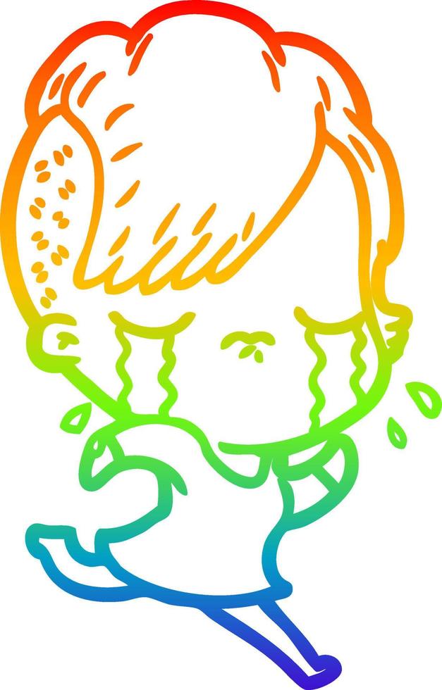 rainbow gradient line drawing cartoon crying girl running away vector