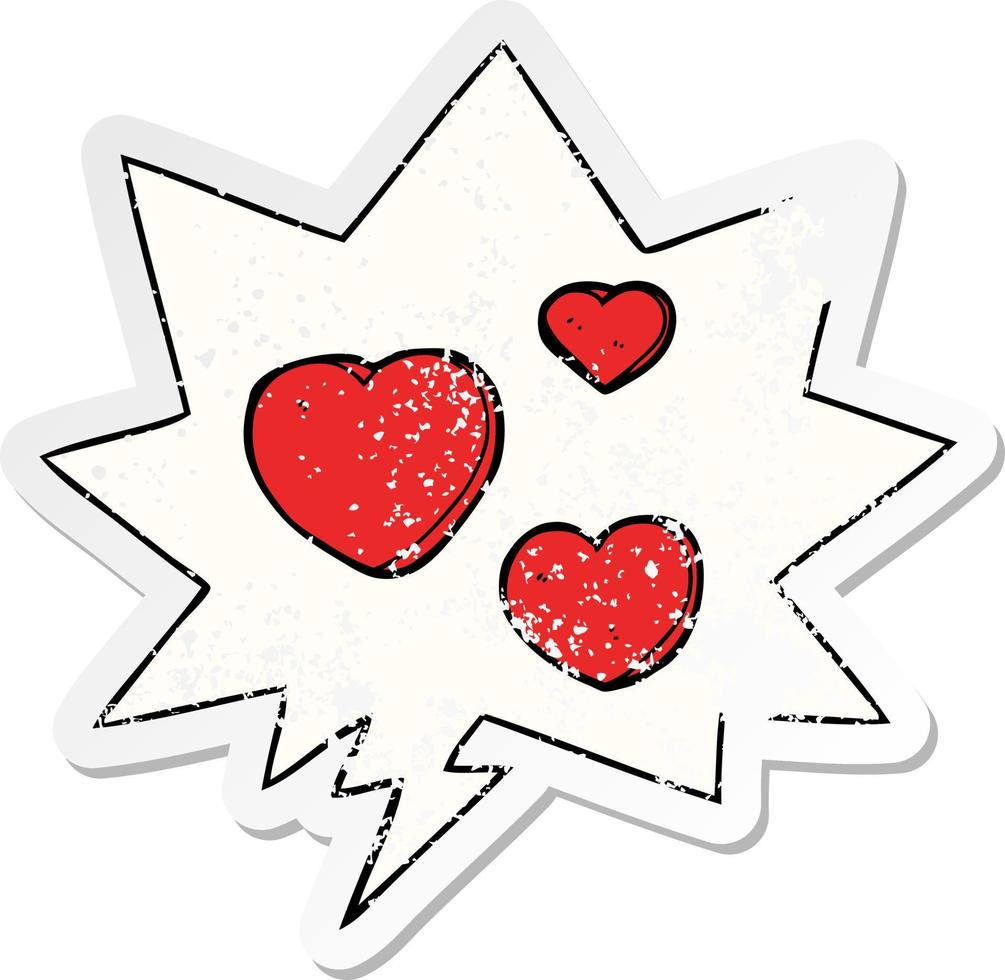 cartoon love hearts and speech bubble distressed sticker vector