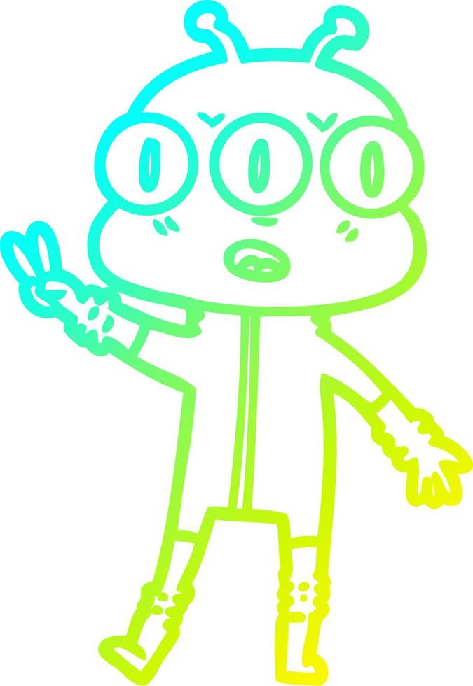 cold gradient line drawing cartoon three eyed alien waving vector