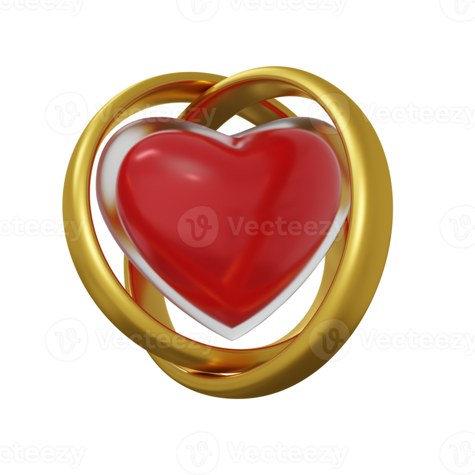 Golden Wedding Ring with Heart Design Element 3D Render png