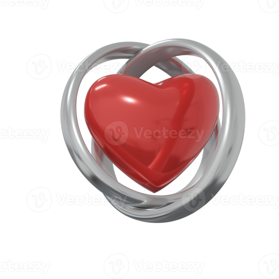 Silver Wedding Ring with Heart Design Element 3D Render png