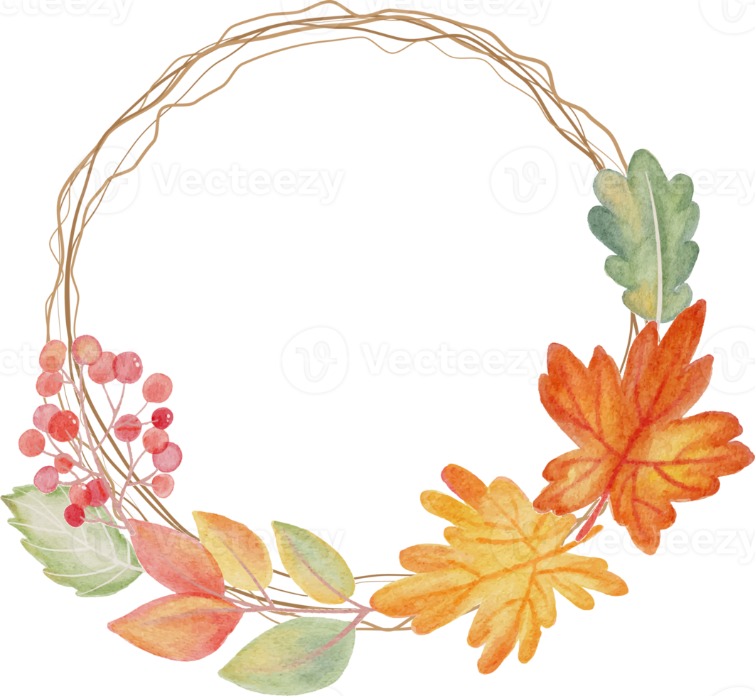 watercolor autumn leaves on dry twig wreath frame png