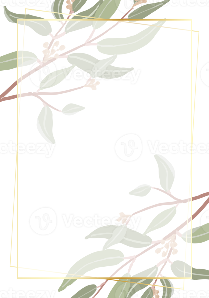 beautiful minimal seeded eucalyptus leaves with golden frame background for birthday or wedding invitation card template png