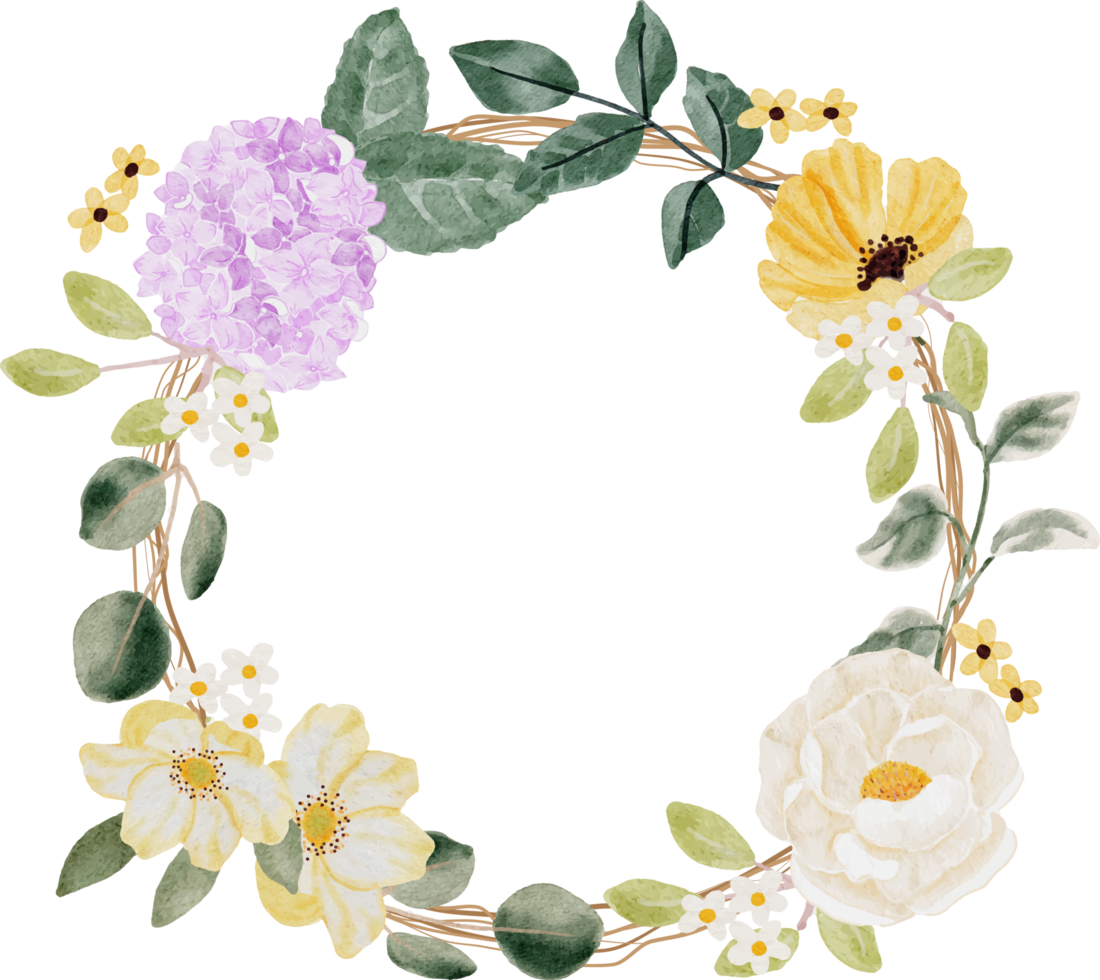 watercolor spring summer flower bouquet on dry twig wreath frame png