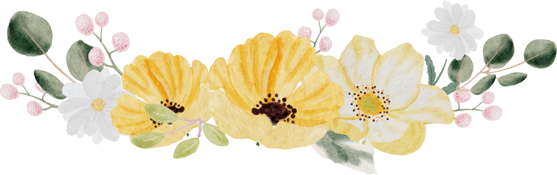 fleur de printemps colorée dessinée à la main aquarelle et couronne de bouquet de feuilles vertes png