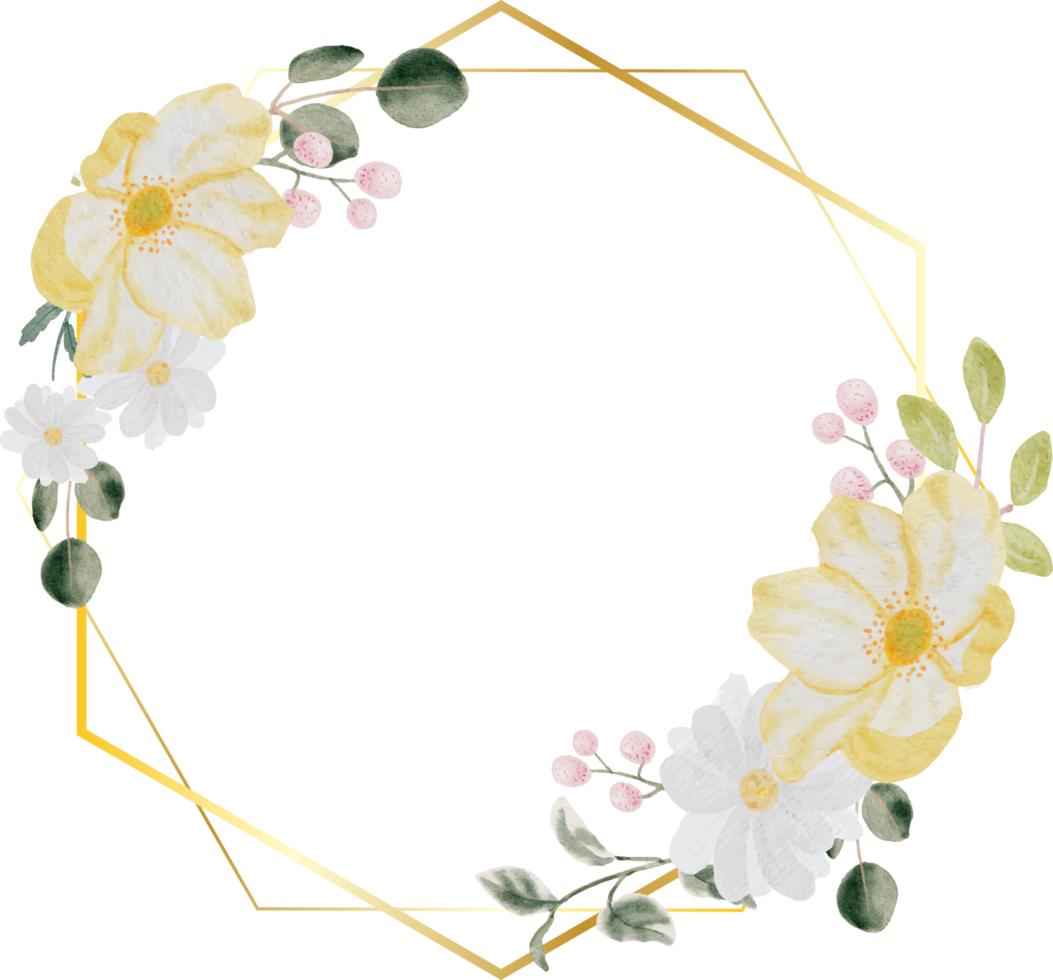 corona di bouquet di fiori primaverili colorati disegnati a mano ad acquerello e foglie verdi con cornice dorata png