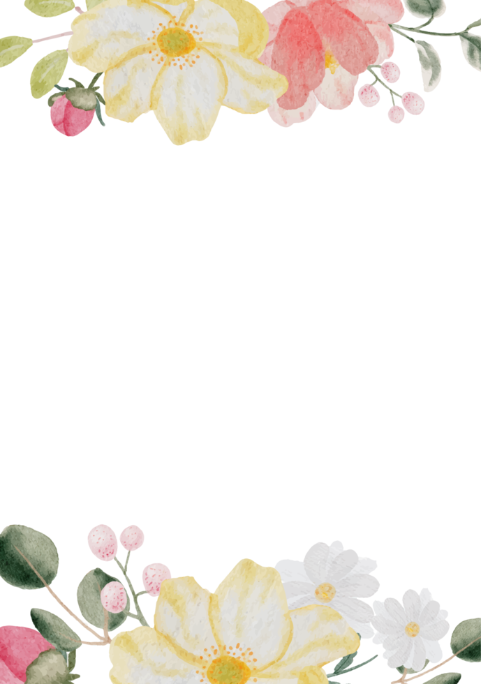aquarell handgezeichnete bunte frühlingsblume und grünes blatt blumenstrauß hochzeitseinladungskarte png
