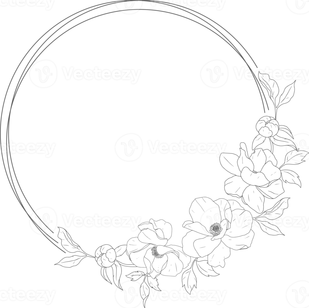 doodle line art peony flower bouquet wreath frame elements png