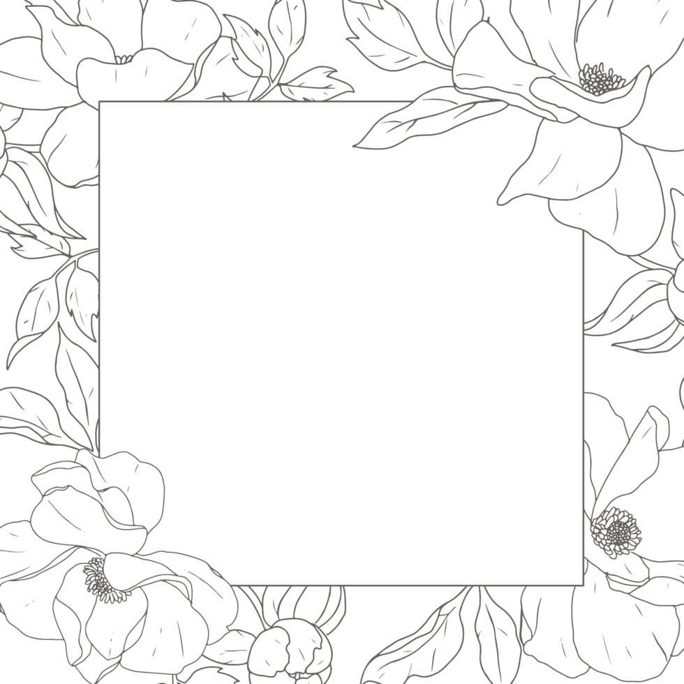 doodle line art pion blomma bukett krans fyrkantig ram banner bakgrund png