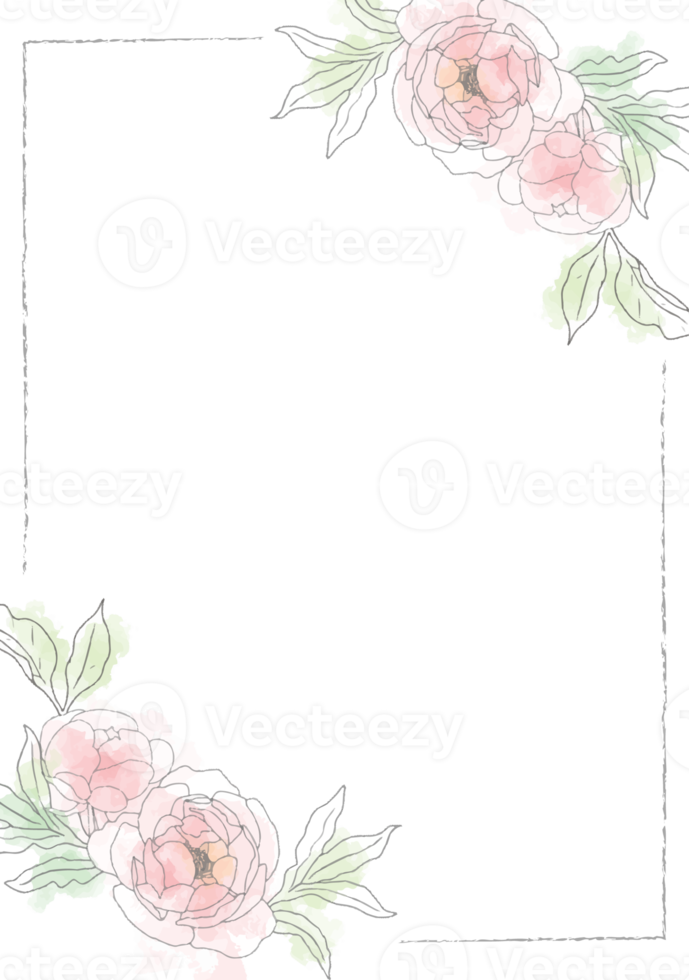 rosa lös vattenfärg linjekonst pion blomma bukett ram 5x7 inbjudningskort tvätt stänk bakgrund mallsamling png