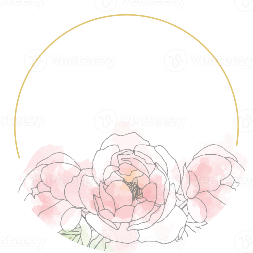 loose line art poeny flower bouquet wreath with golden frame png