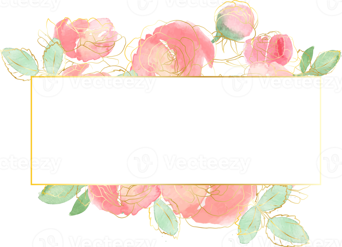 watercolor loose rose flower bouquet frame with gold line art badge png