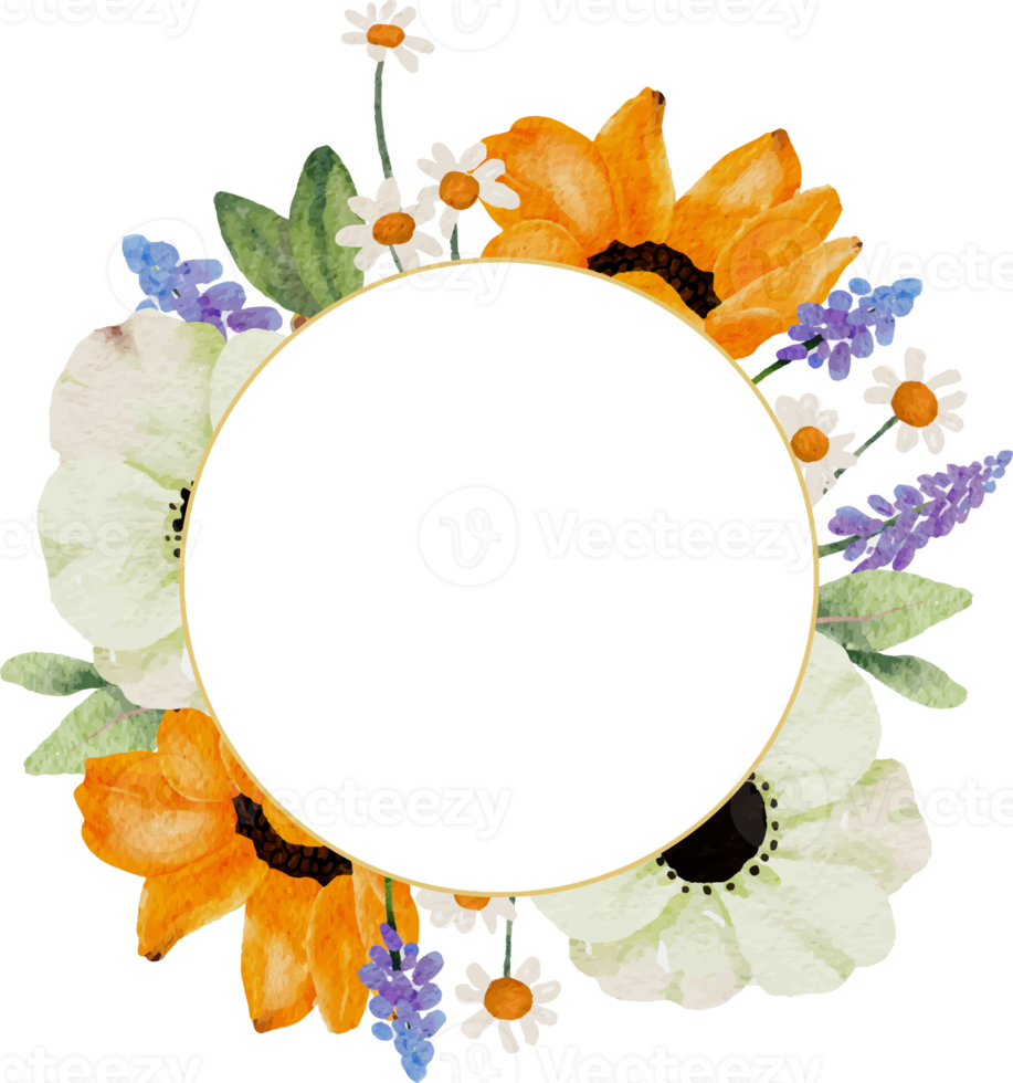 watercolor yellow sunflower and white anemone flower bouquet wreath gold frame png