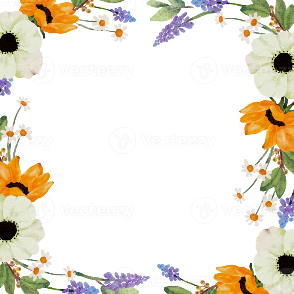 watercoolor yellow sunflower and white anemone flower bouquet banner background png