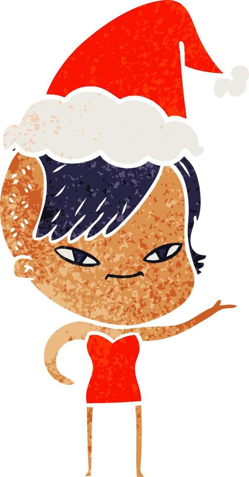 cute retro cartoon of a girl with hipster haircut wearing santa hat vector