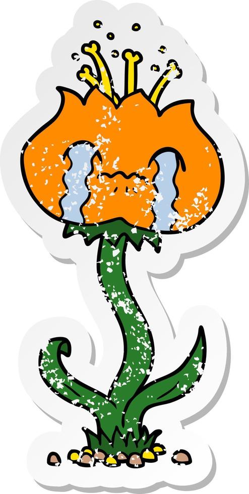 distressed sticker of a cartoon flower crying vector