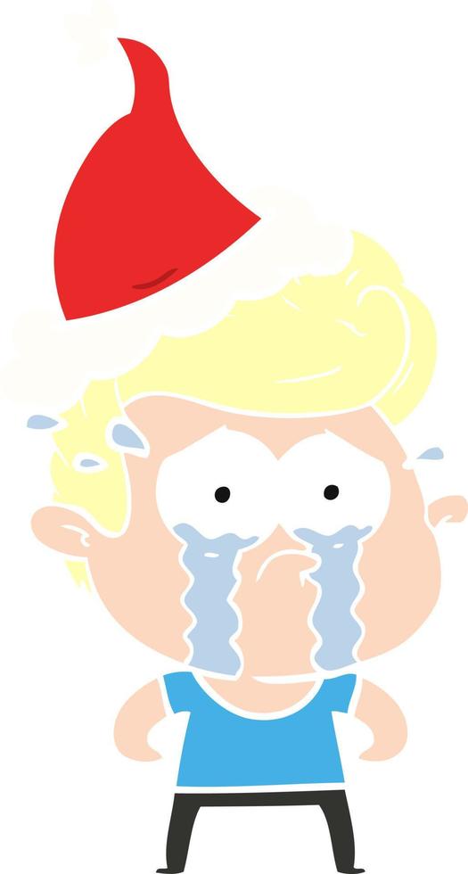 flat color illustration of a crying man wearing santa hat vector