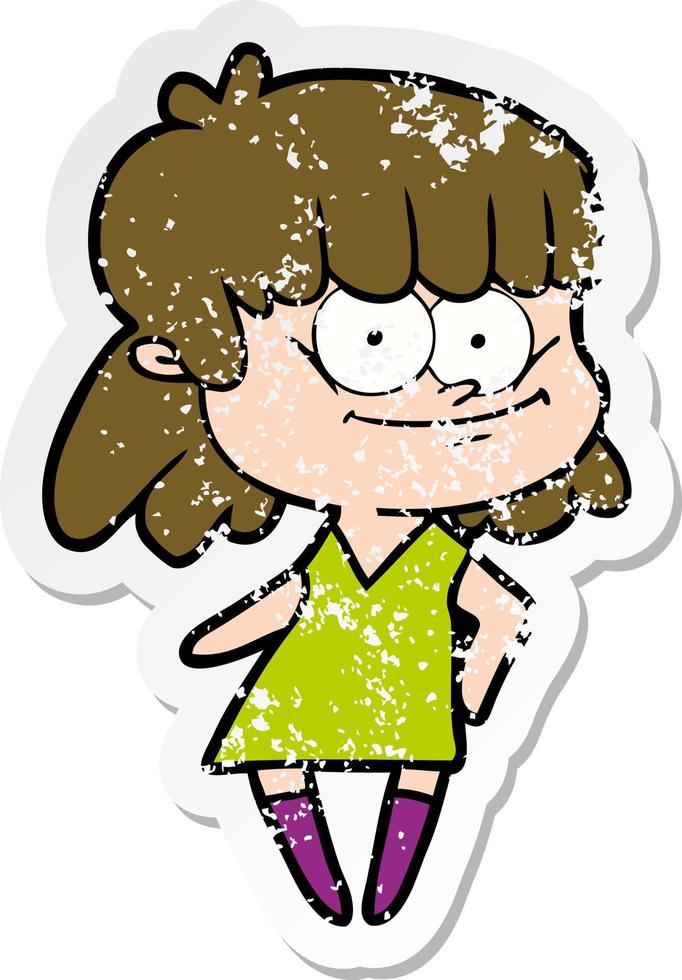 distressed sticker of a cartoon smiling woman vector
