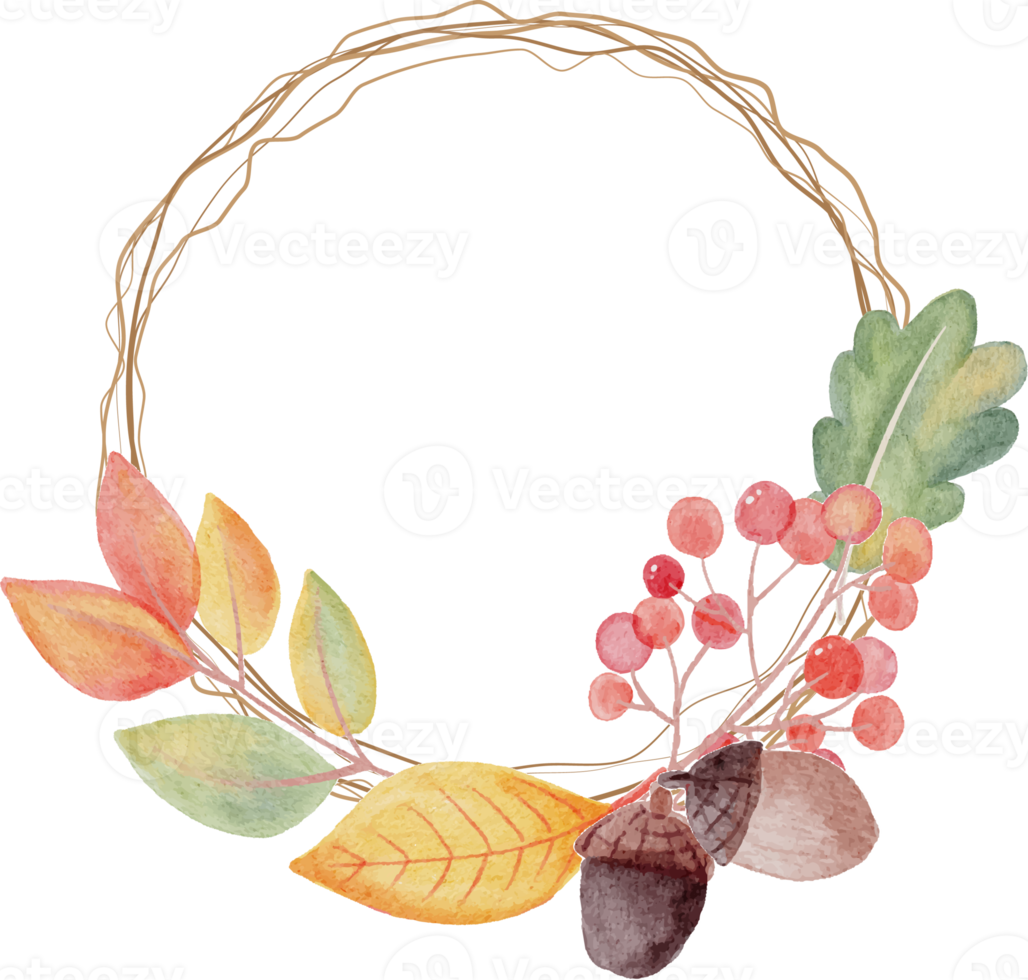 watercolor autumn leaves on dry twig wreath frame png