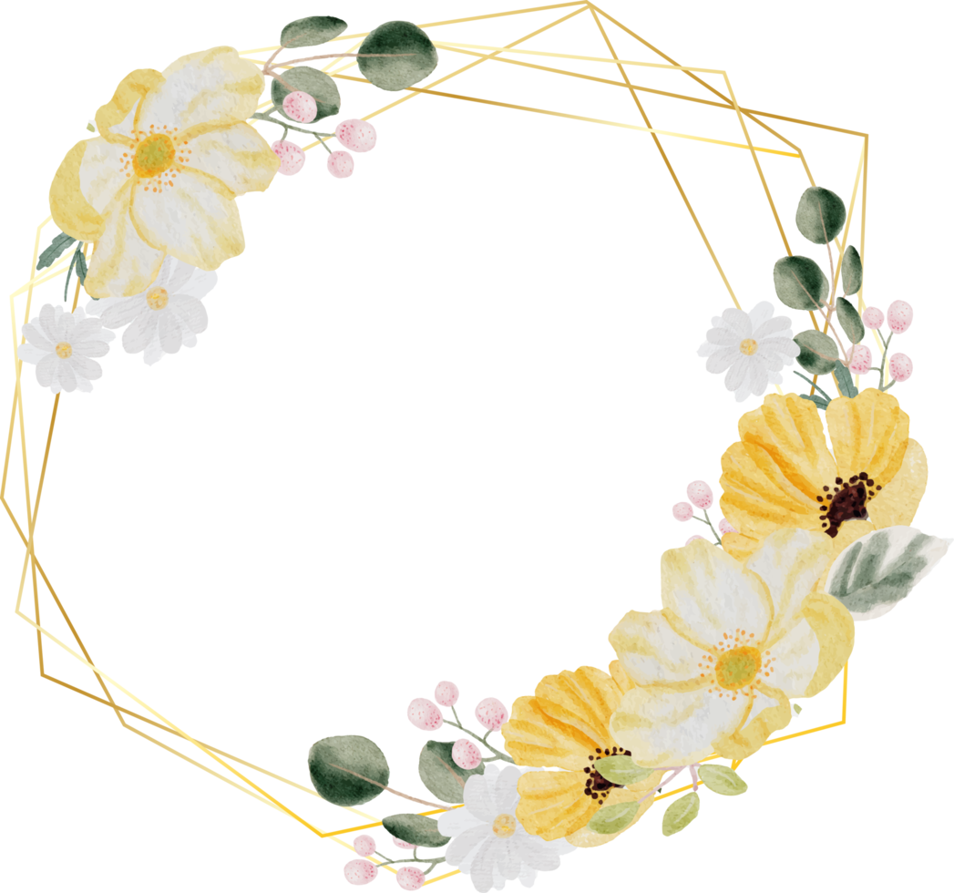 watercolor hand drawn colorful spring flower and green leaf bouquet wreath with gold frame png