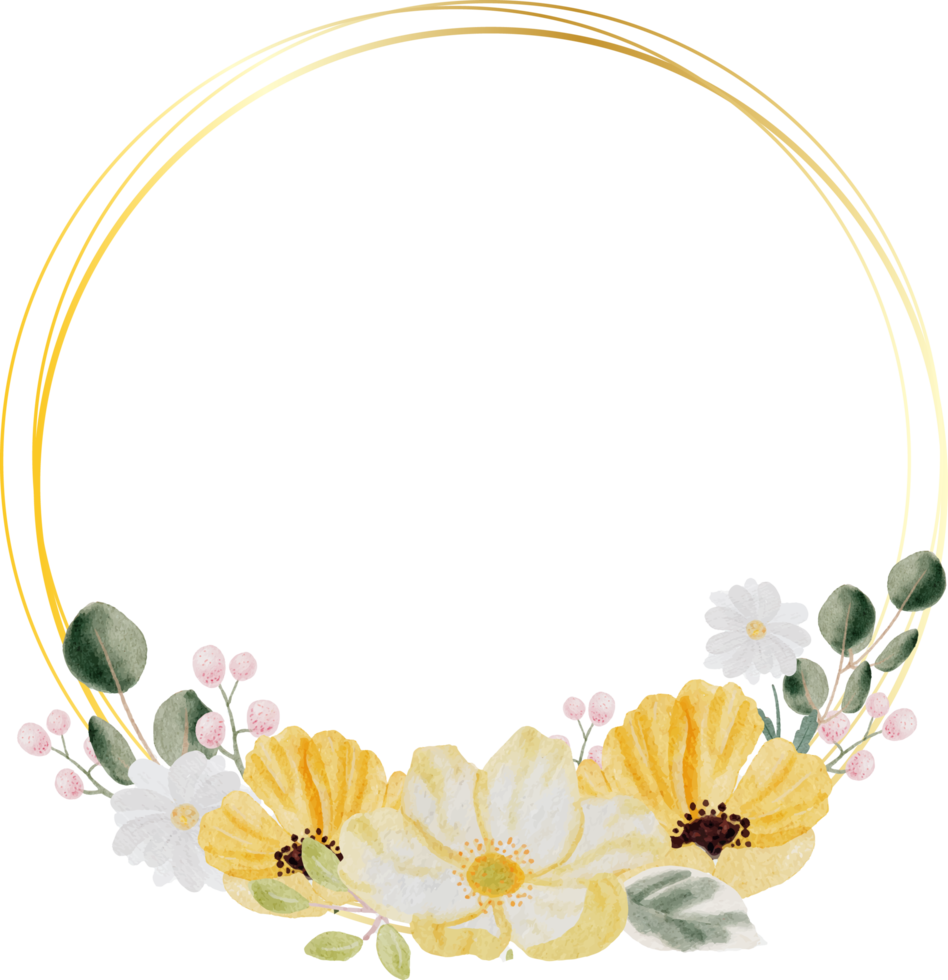 watercolor hand drawn colorful spring flower and green leaf bouquet wreath with gold frame png