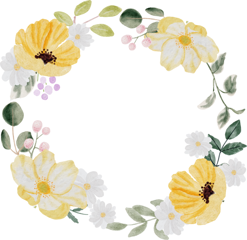 watercolor hand drawn colorful spring flower and green leaf bouquet wreath with gold frame png