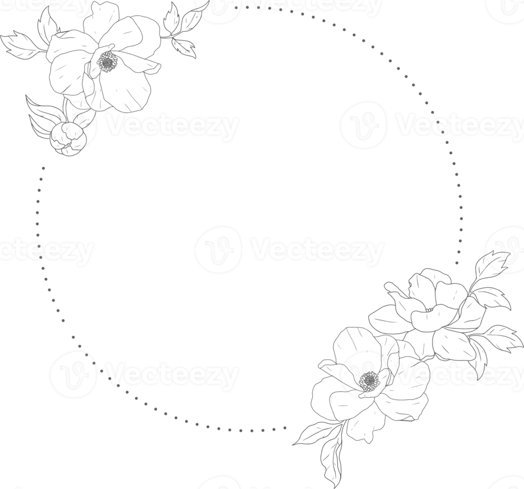 doodle line art peony flower bouquet wreath frame elements png