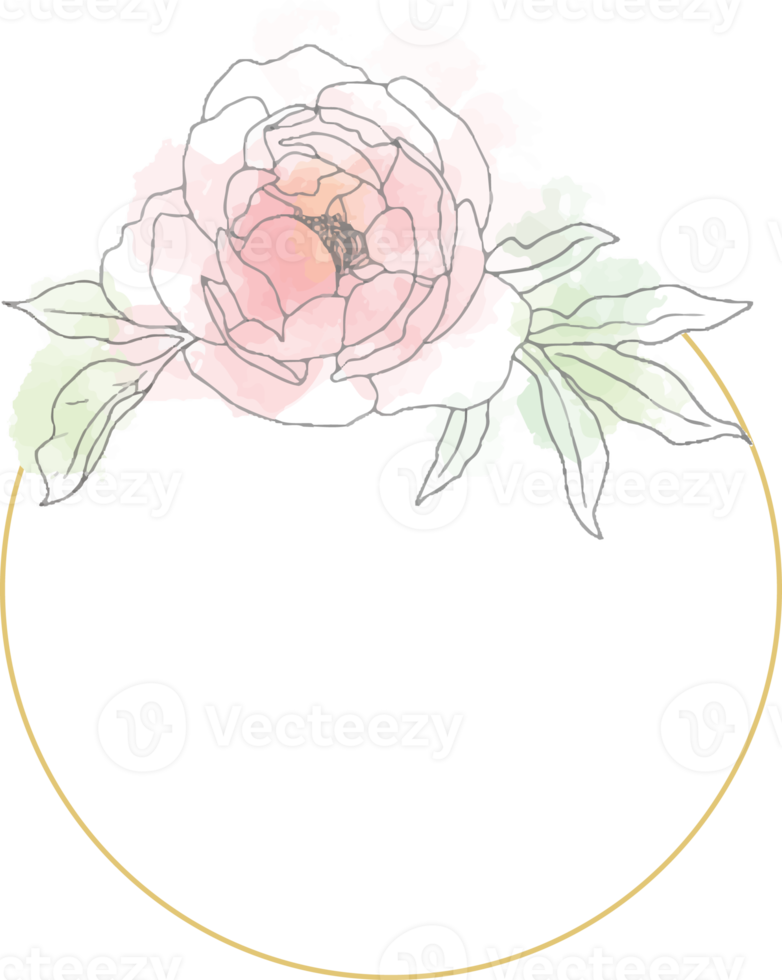loose line art poeny flower bouquet wreath with golden frame png