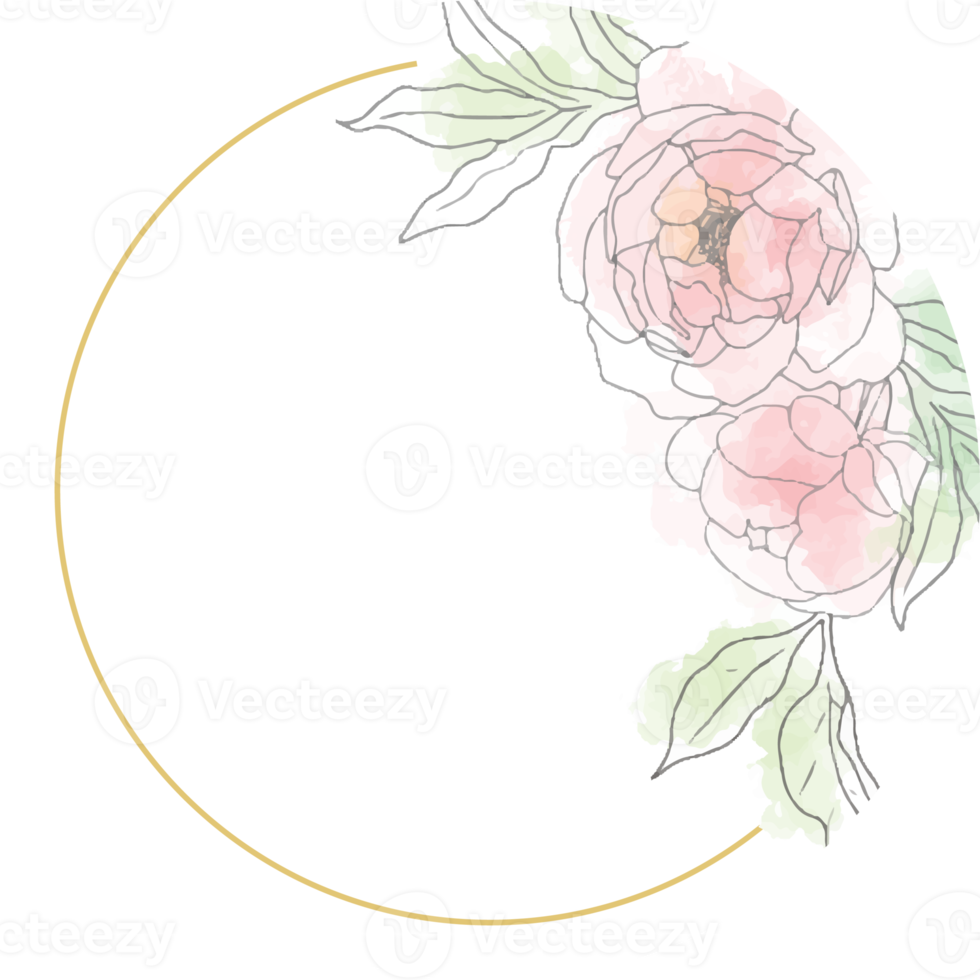 loose line art poeny flower bouquet wreath with golden frame png