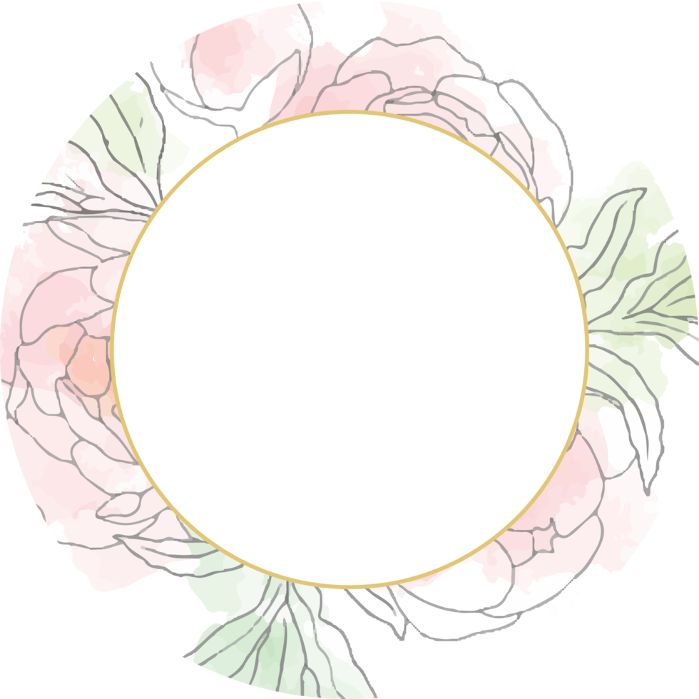 loose line art poeny flower bouquet wreath with golden frame png