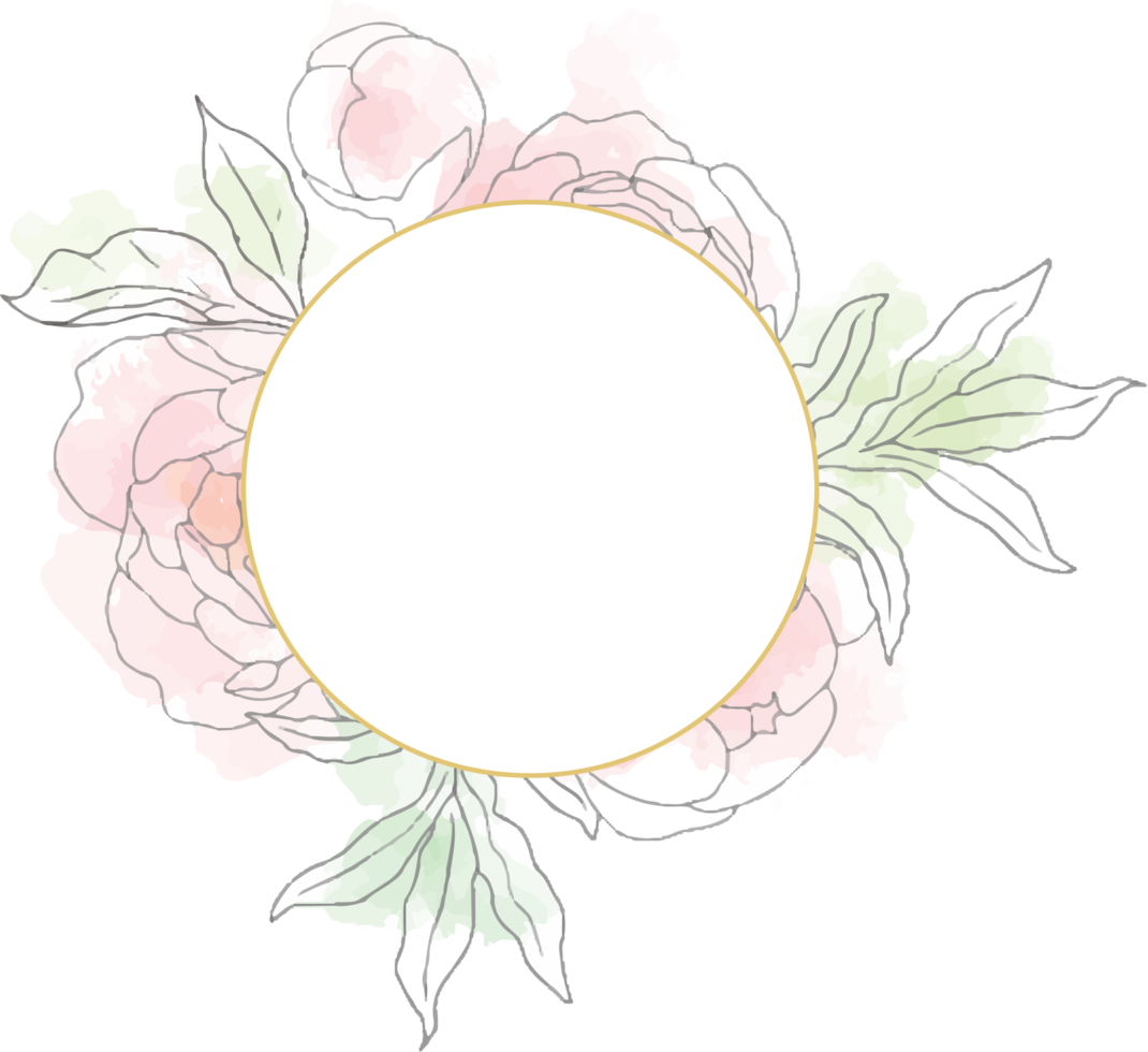 loose line art poeny flower bouquet wreath with golden frame png