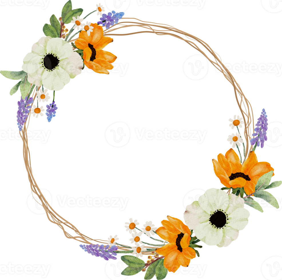 akvarell gul solros och vit anemon blomma bukett krans ram png