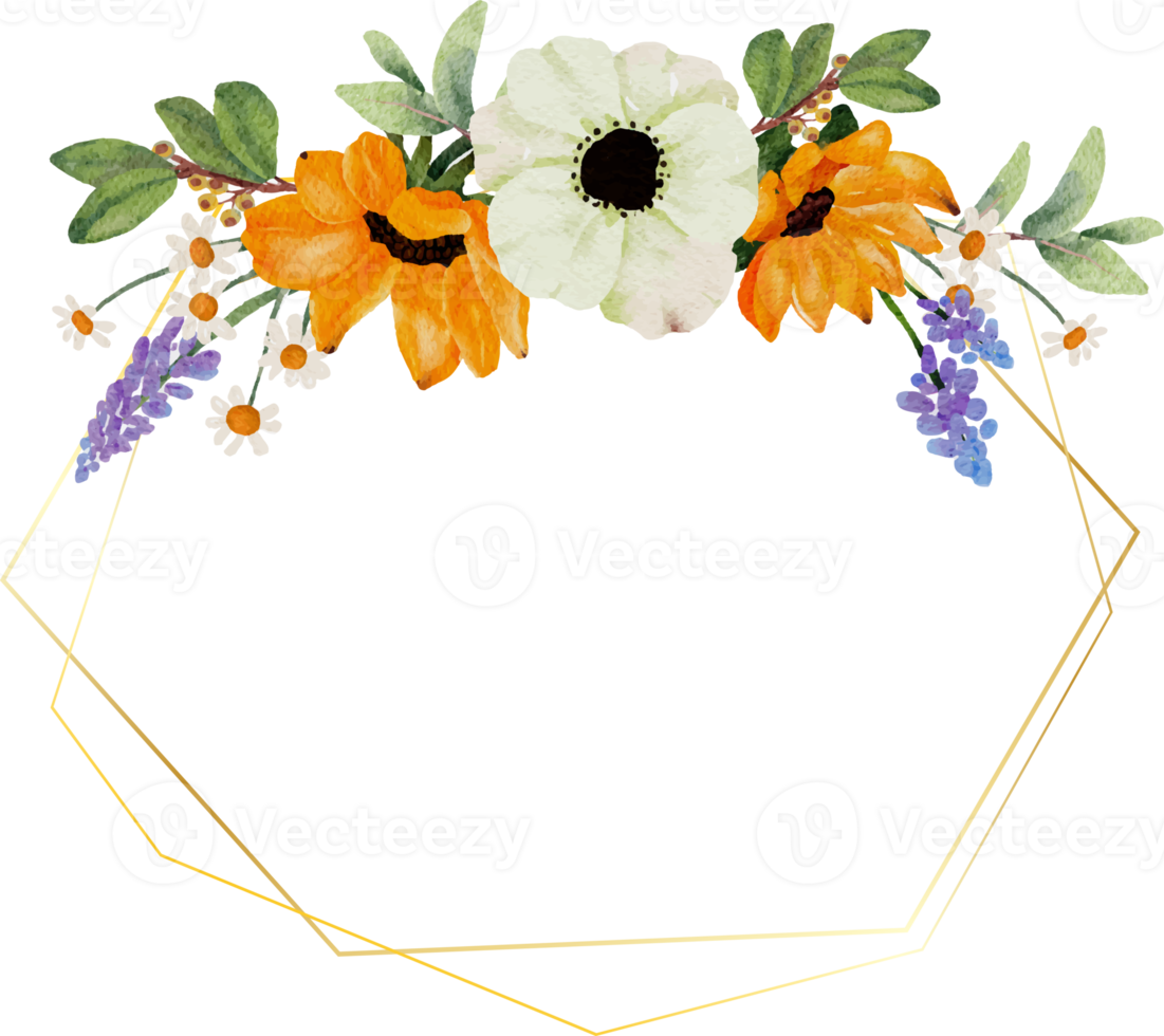 corona de ramo de flores de anémona blanca y girasol amarillo acuarela con marco dorado png