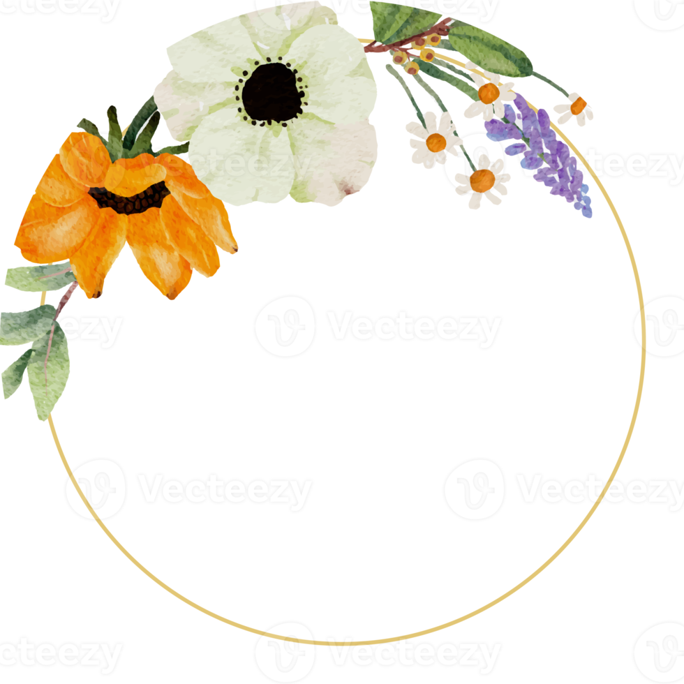 watercolor yellow sunflower and white anemone flower bouquet wreath gold frame png