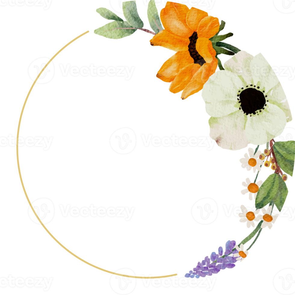 watercolor yellow sunflower and white anemone flower bouquet wreath gold frame png