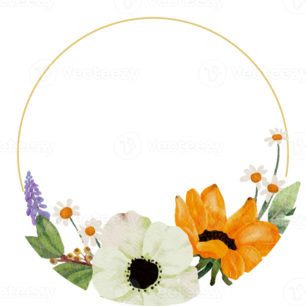 watercolor yellow sunflower and white anemone flower bouquet wreath gold frame png