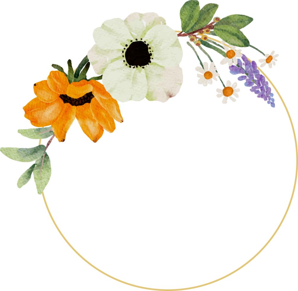 aquarel gele zonnebloem en witte anemoon bloem boeket krans gouden frame png