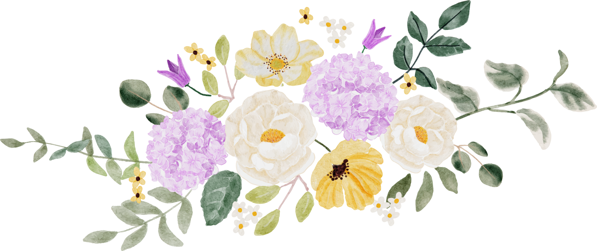 watercolor white camellia and purple  hydrangea flower bouquet png