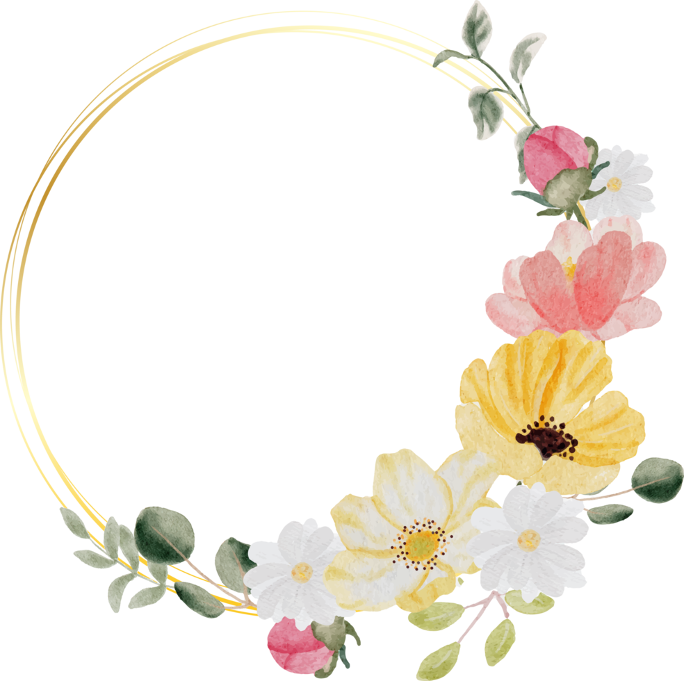 watercolor hand drawn colorful spring flower and green leaf bouquet wreath with gold frame png