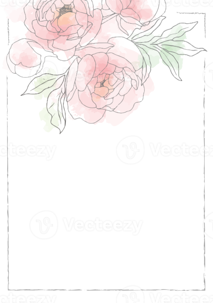 pink loose watercolor line art peony flower bouquet frame 5x7 invitation card wash splash background template collection png