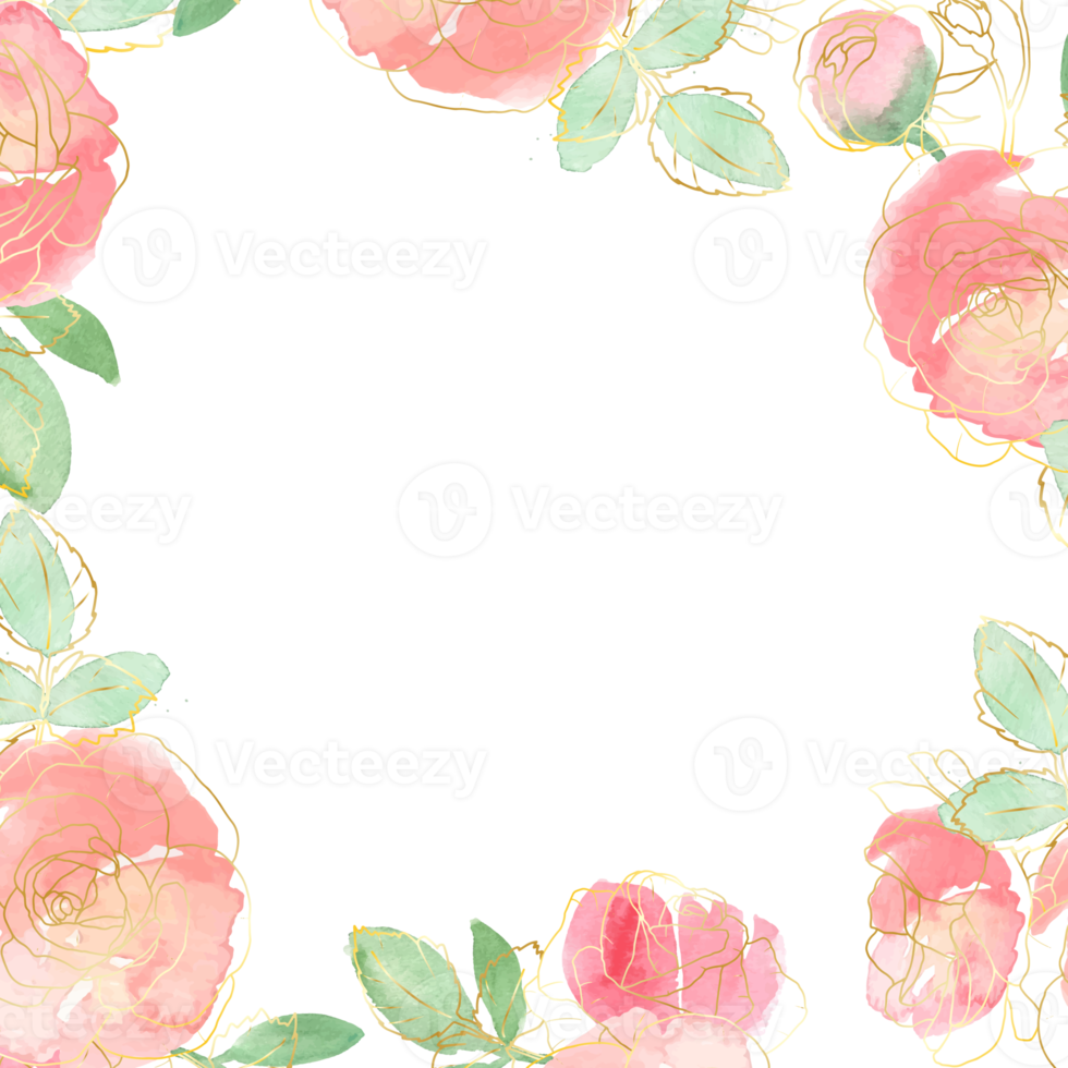 bouquet di fiori di rosa sciolti ad acquerello con banner con cornice quadrata in oro line art png