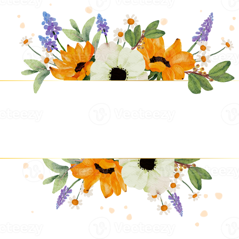 watercolor yellow sunflower and white anemone flower bouquet wreath frame banner background png