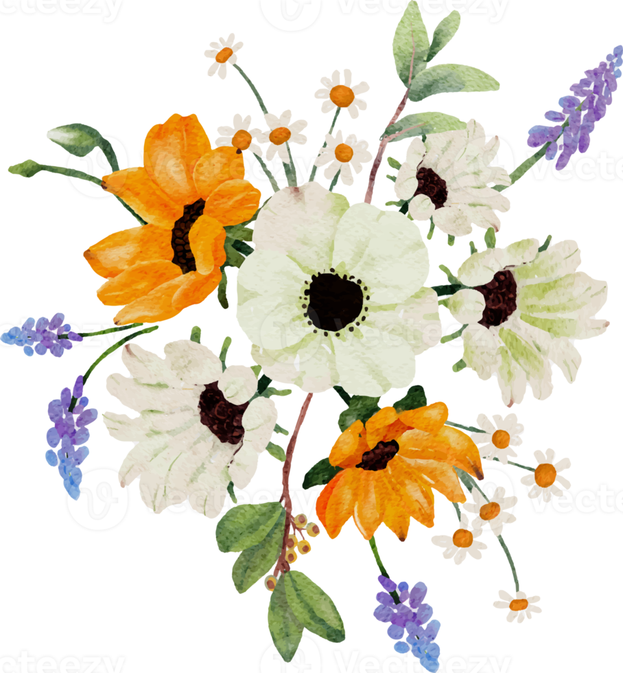 watercolor sunflower and white anemone flower bouquet elements png