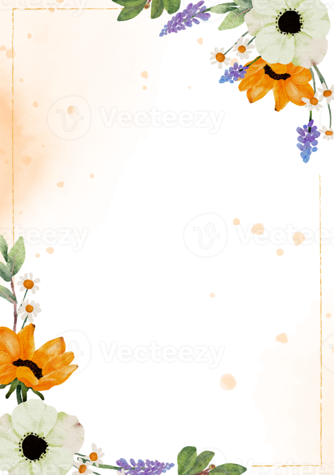 akvarell gul solros och vitsippor blombukett ram 5x7 inbjudningskort tvätt stänk bakgrund png
