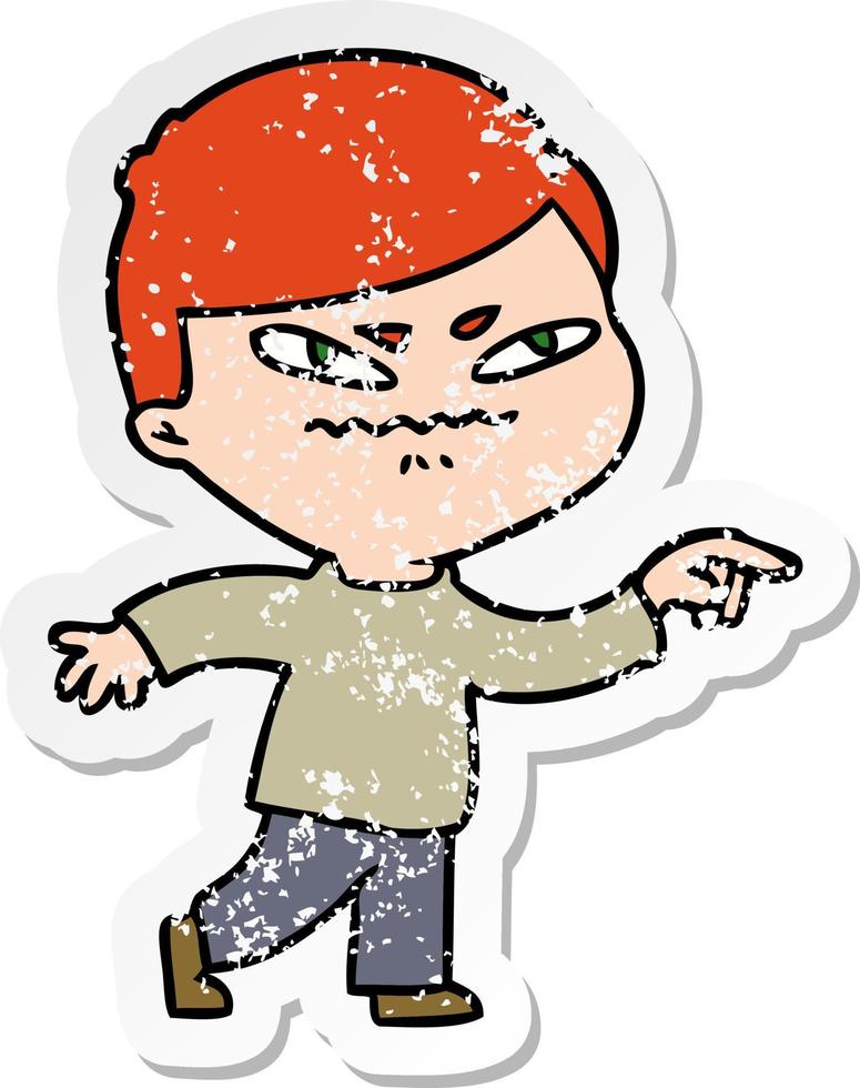 distressed sticker of a cartoon angry man pointing vector