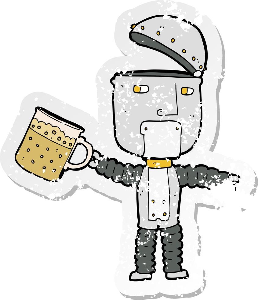 retro distressed sticker of a cartoon robot drinking beer vector